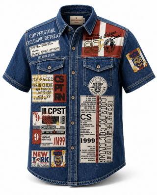 Men’s Patchwork Denim Short Sleeve Casual Shirt