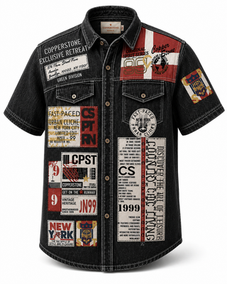 Men’s Patchwork Denim Short Sleeve Casual Shirt