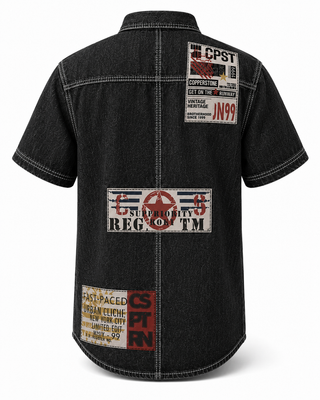 Men’s Patchwork Denim Short Sleeve Casual Shirt
