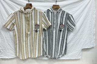 Men’s Striped Hooded Short Sleeve Casual Shirt