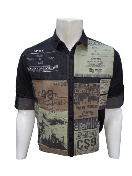 MEN'S PRINTED PATCHWORK DENIM SHIRT