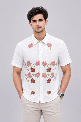 Men’s Floral Embroidered Short Sleeve Casual Shirt