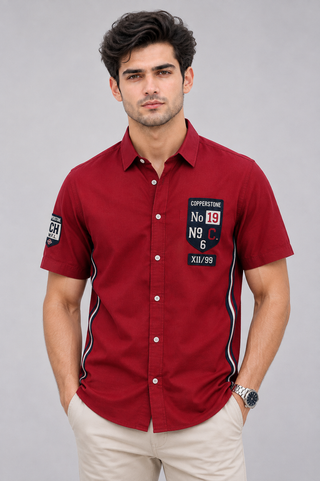 Men’s Embroidered Short Sleeve Casual Shirt – Patchwork Streetwear