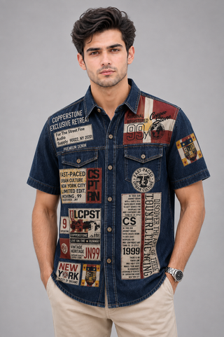 Men’s Patchwork Denim Short Sleeve Casual Shirt